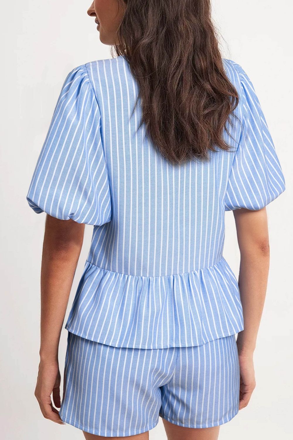 Striped Bowknot Detail Puff Sleeve Top and Shorts Set - felvior
