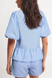 Striped Bowknot Detail Puff Sleeve Top and Shorts Set - felvior