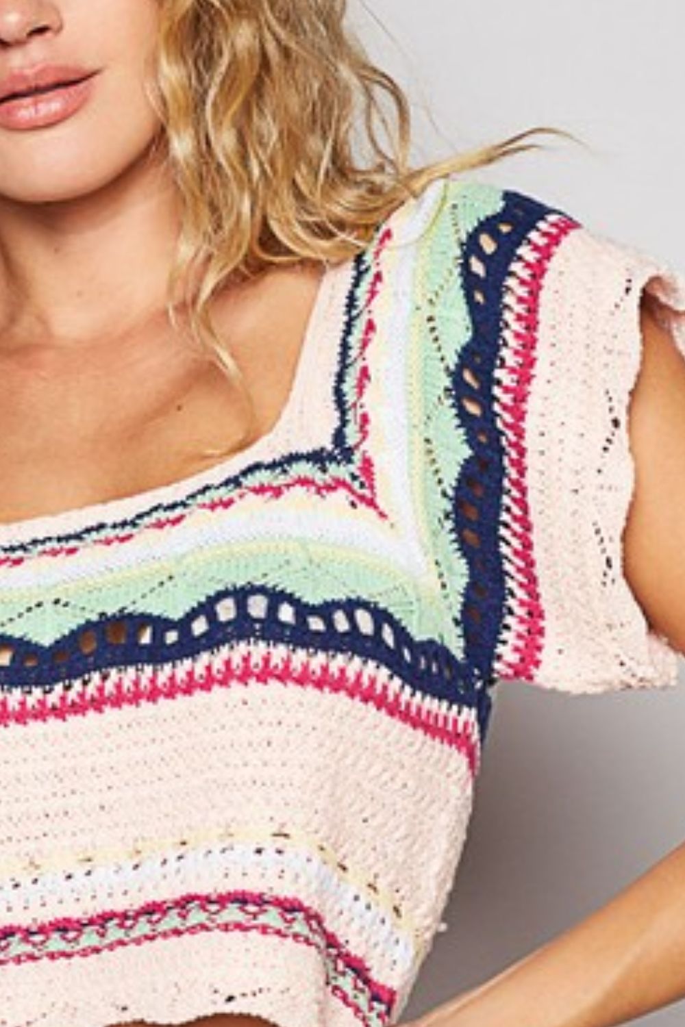 POL Openwork Ethnic Pattern Square Neck Cropped Knit Top - felvior