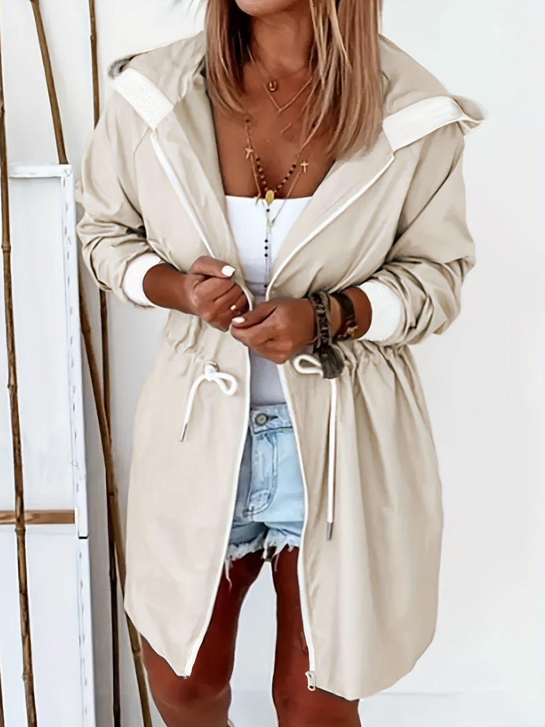 Drawstring Long Sleeve Hooded Trench Coat - felvior