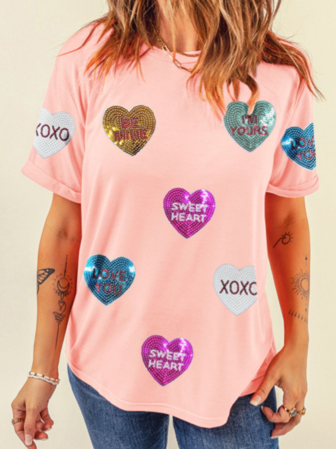 Valentine’s Day Sequin Heart Round Neck Short Sleeve T-Shirt Image principale du produit