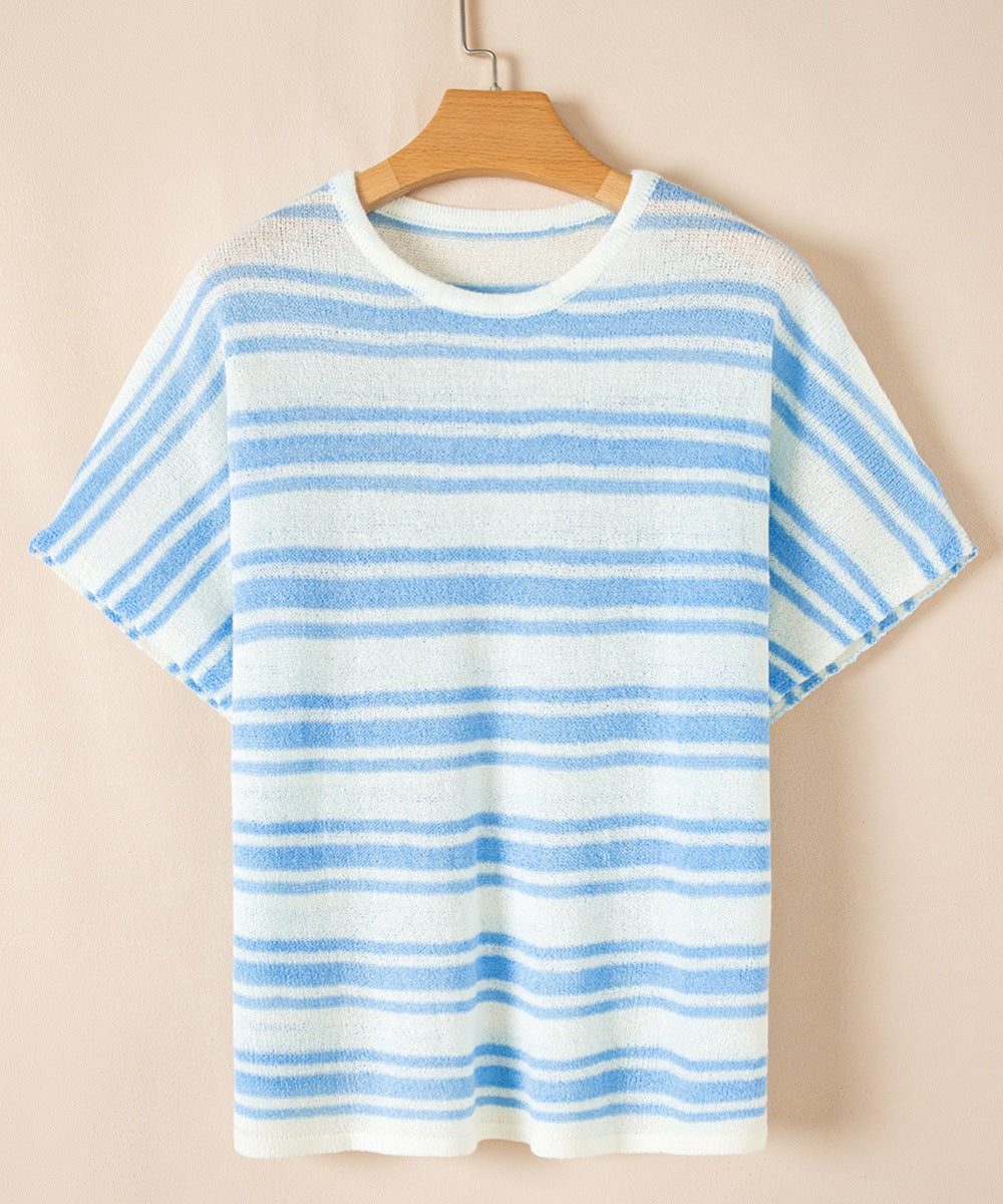 Stripe Round Neck Half Sleeve Knit Top - felvior