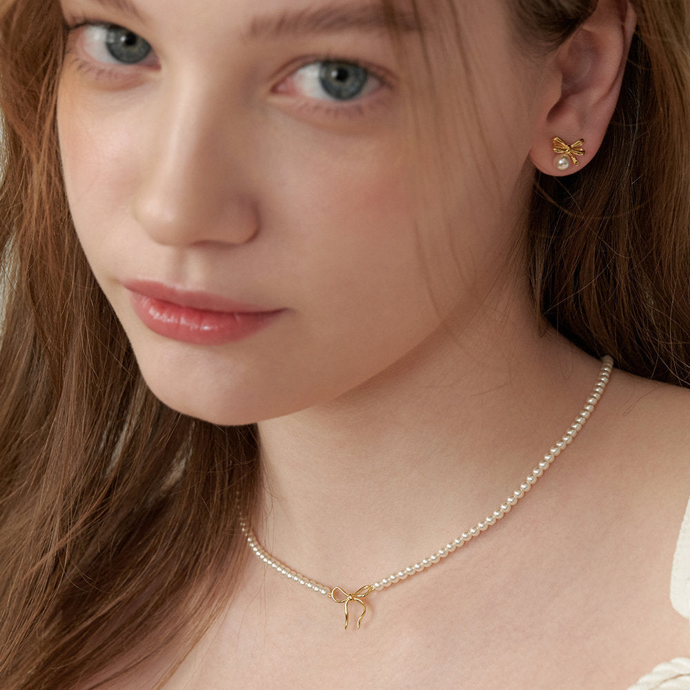 Copper Pearls Bow Necklace - felvior