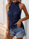Lace Grecian Neck Tie Back Top - felvior