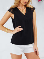 Lace Detail V-Neck Cap Sleeve T-Shirt