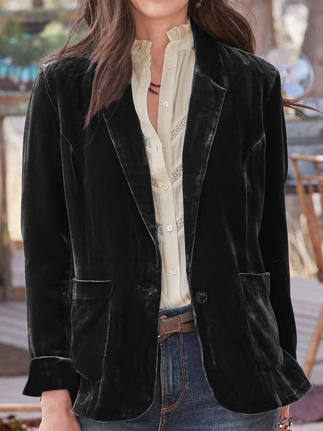 Pocketed Button Up Lapel Collar Blazer - felvior