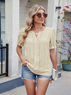 Eyelet Notched Short Sleeve Top