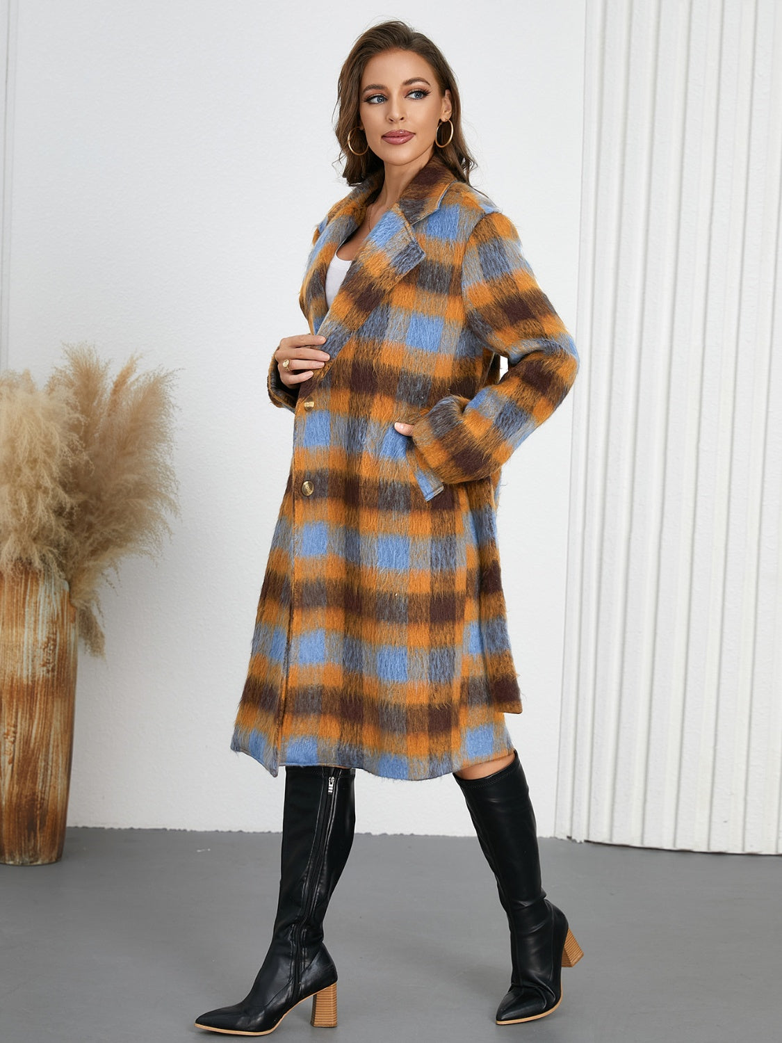 Tied Plaid Collared Neck Coat Secondary image