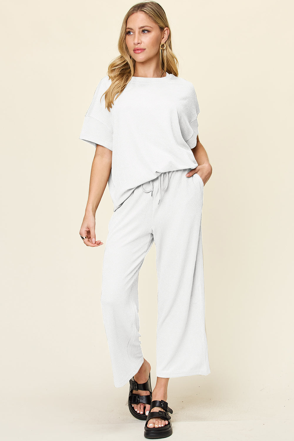 Double Take Full Size Texture Round Neck Short Sleeve T-Shirt and Wide Leg Pants - felvior