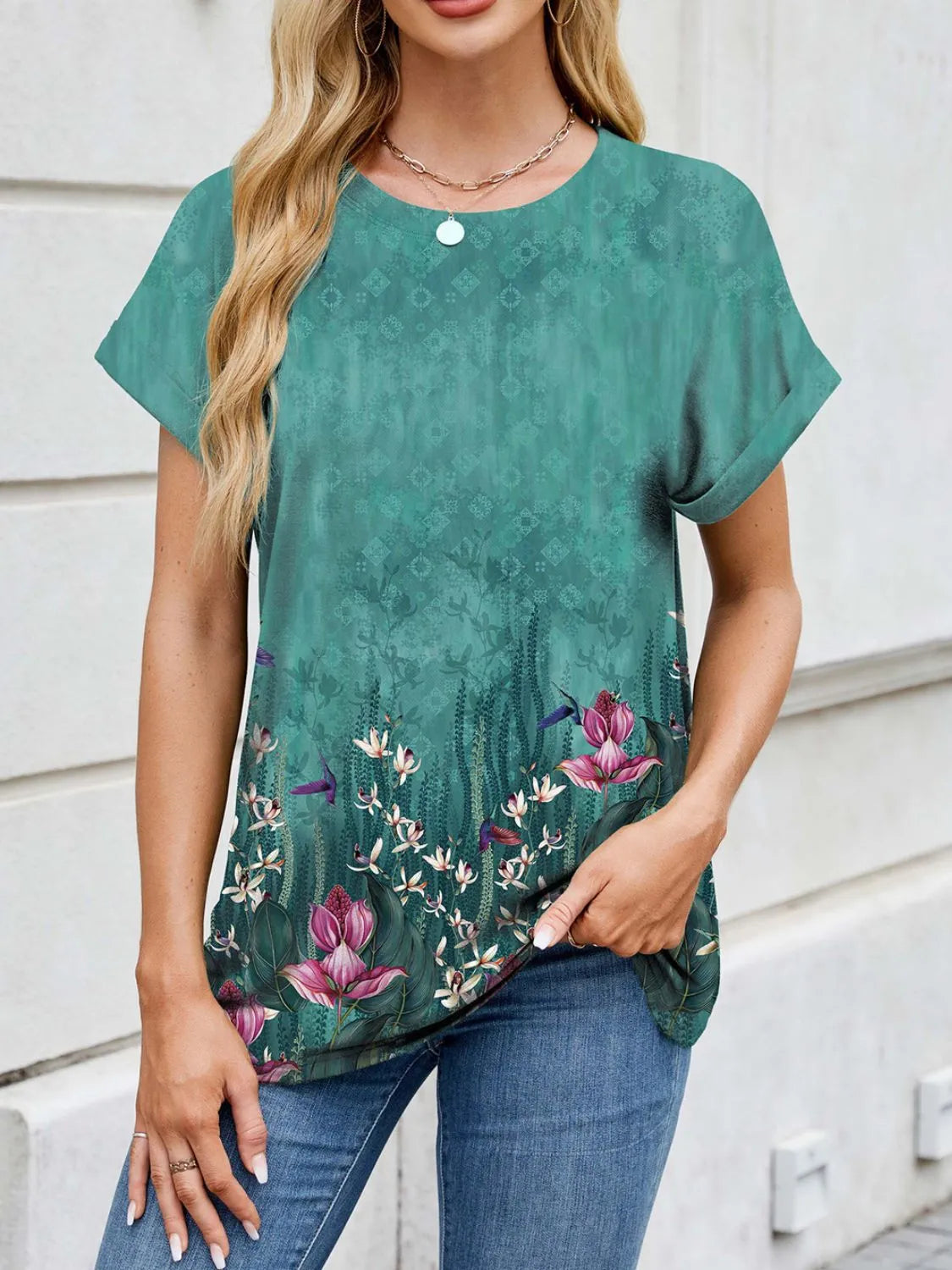 Printed Round Neck Short Sleeve Top