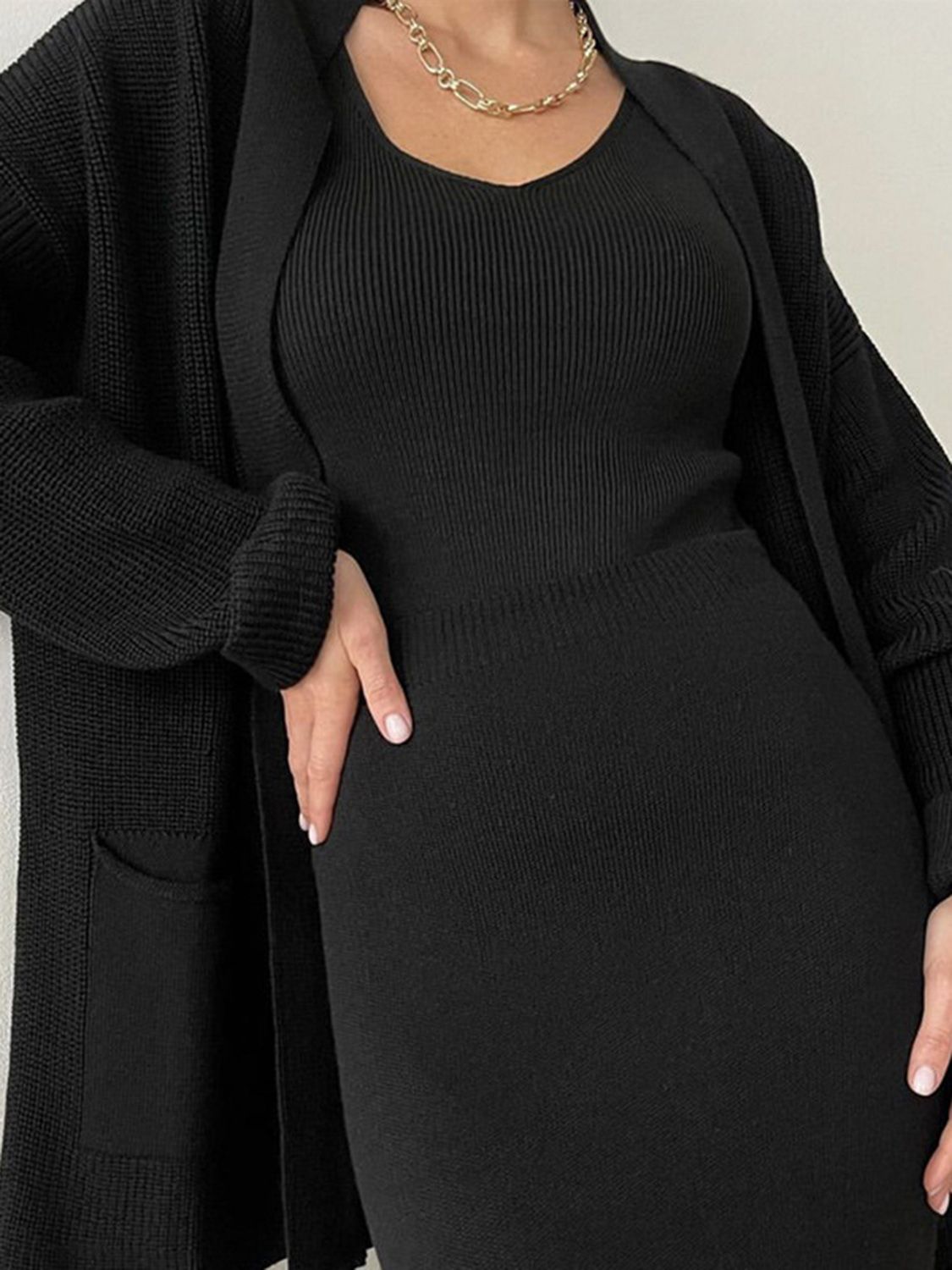 Pocketed Long Sleeve Cardigan and Skirt Sweater Set - felvior