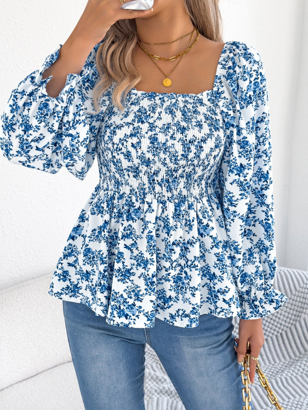 Floral Square Neck Flounce Sleeve Blouse