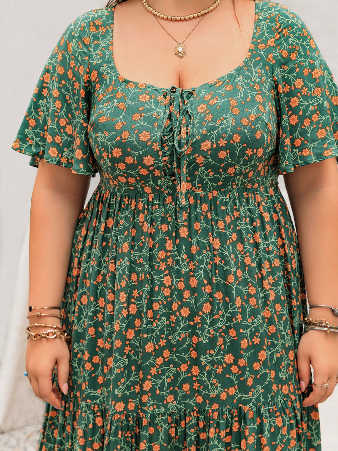 Plus Size Printed Short Sleeve Tiered Maxi Dress - felvior