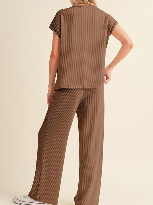 Ribbed Exposed Seam Top and Pants Set - felvior