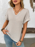 Striped Notched Short Sleeve T-Shirt