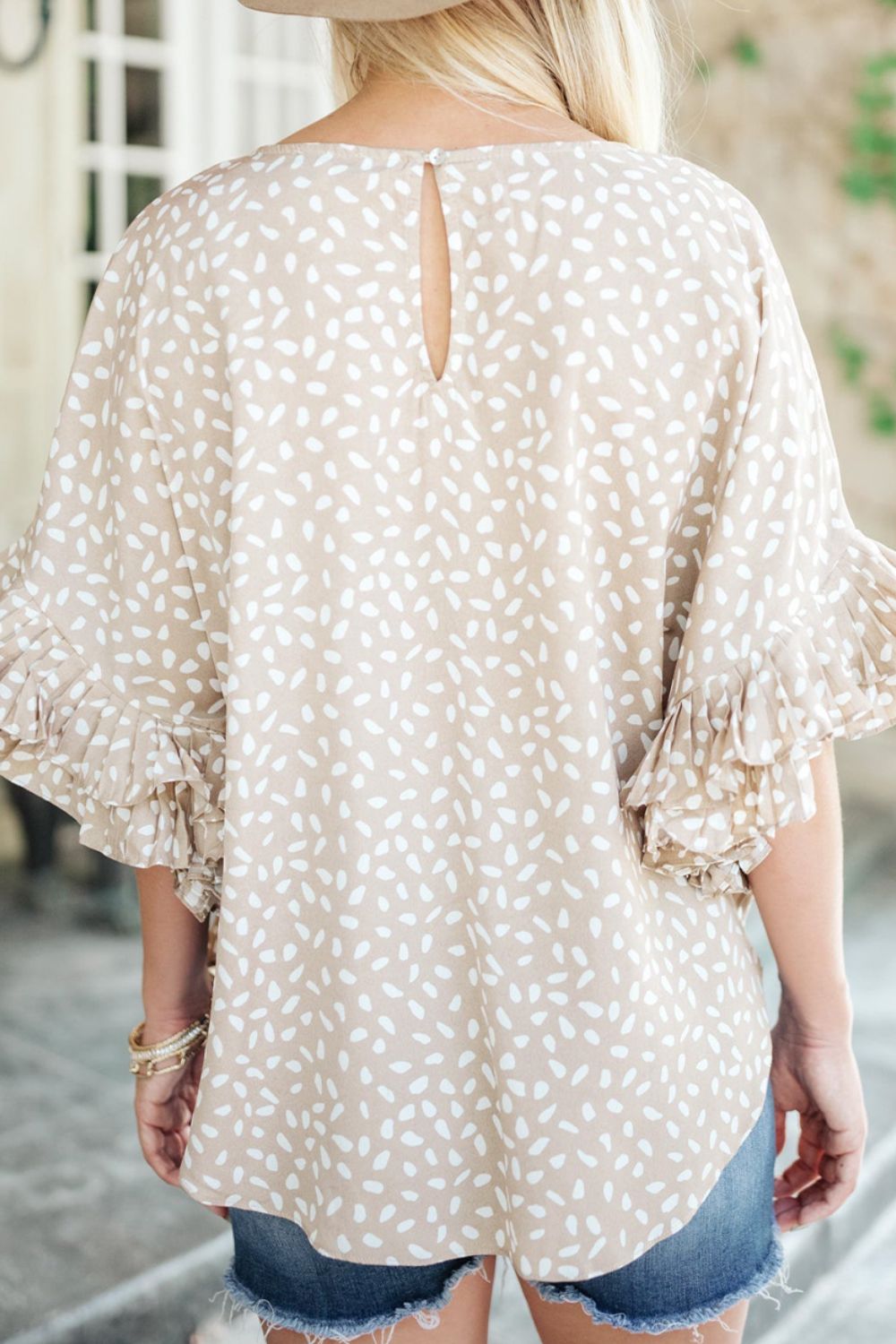 Printed Round Neck Ruffled Half Sleeve Blouse - felvior