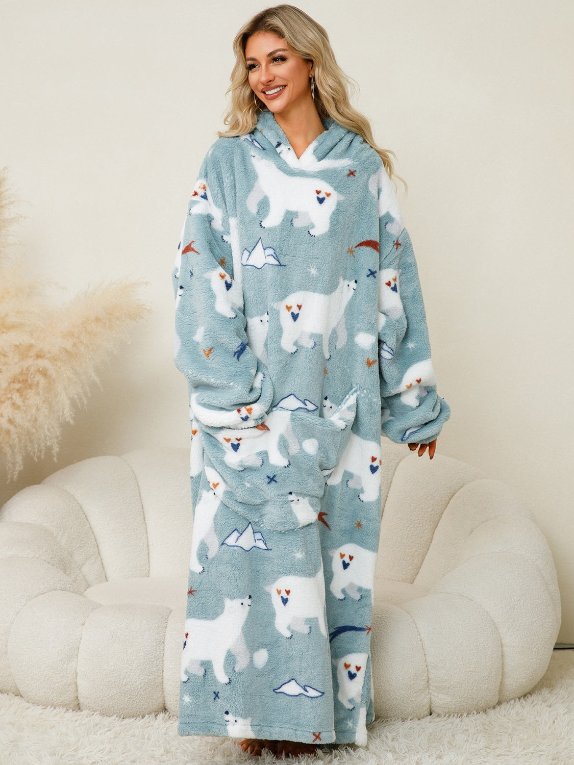 Fuzzy Pocketed Long Sleeve Hooded Lounge Dress - felvior