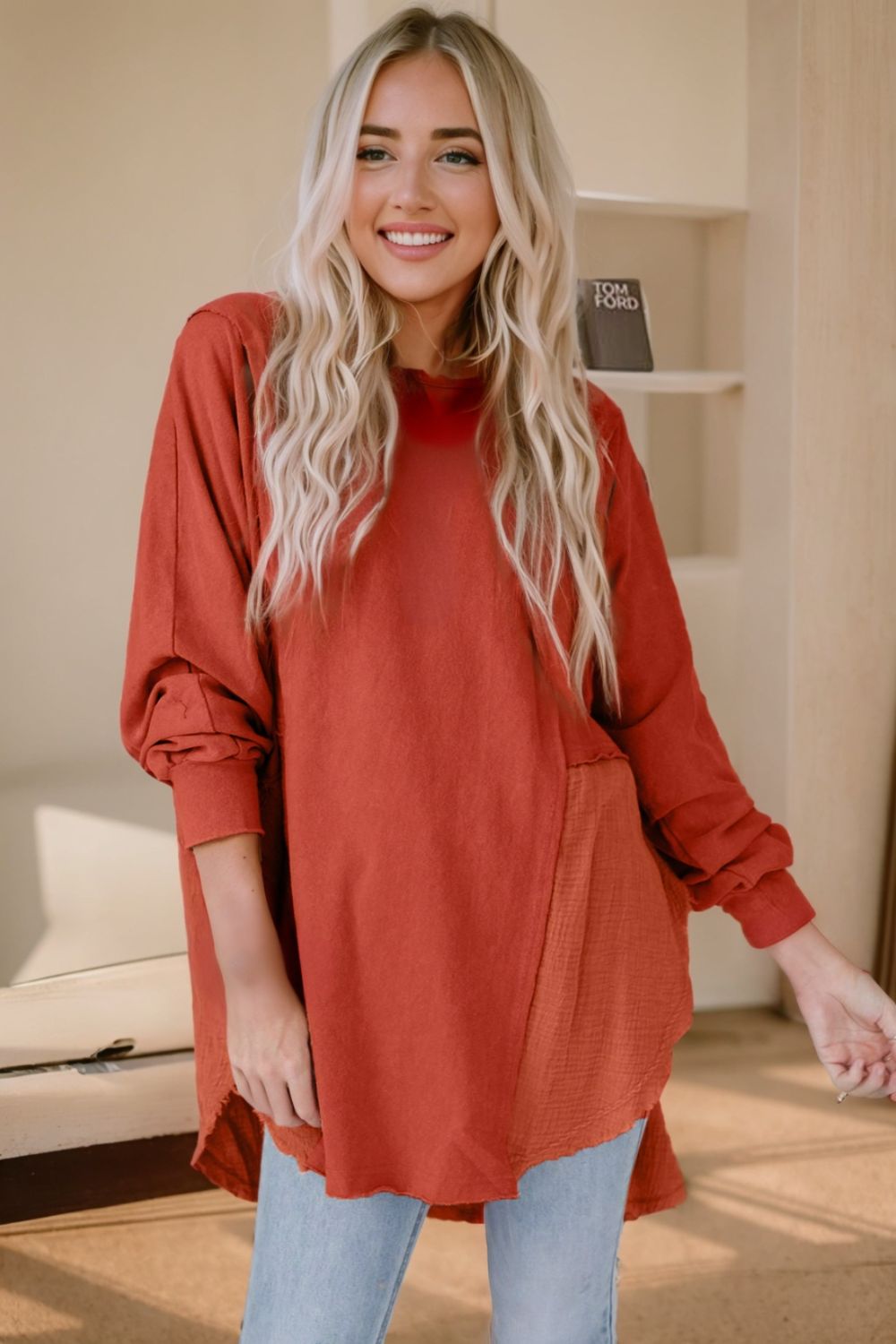 Contrast Texture Round Neck Long Sleeve Blouse - felvior