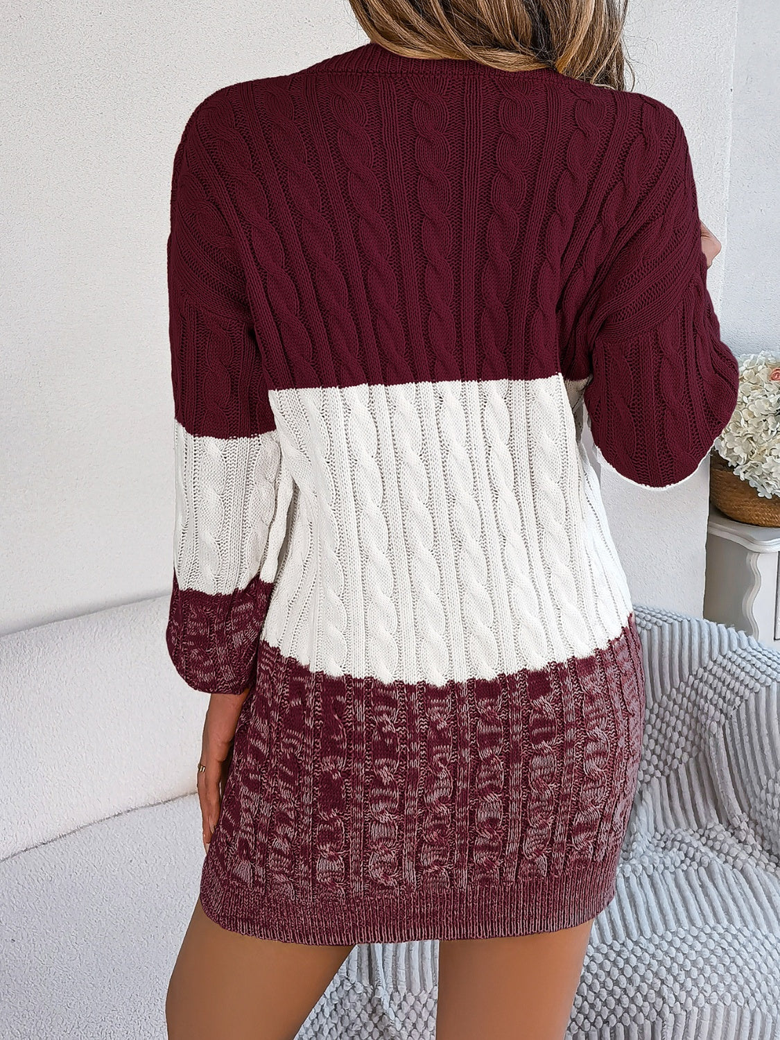 Cable-Knit Round Neck Color Block Sweater Dress - felvior