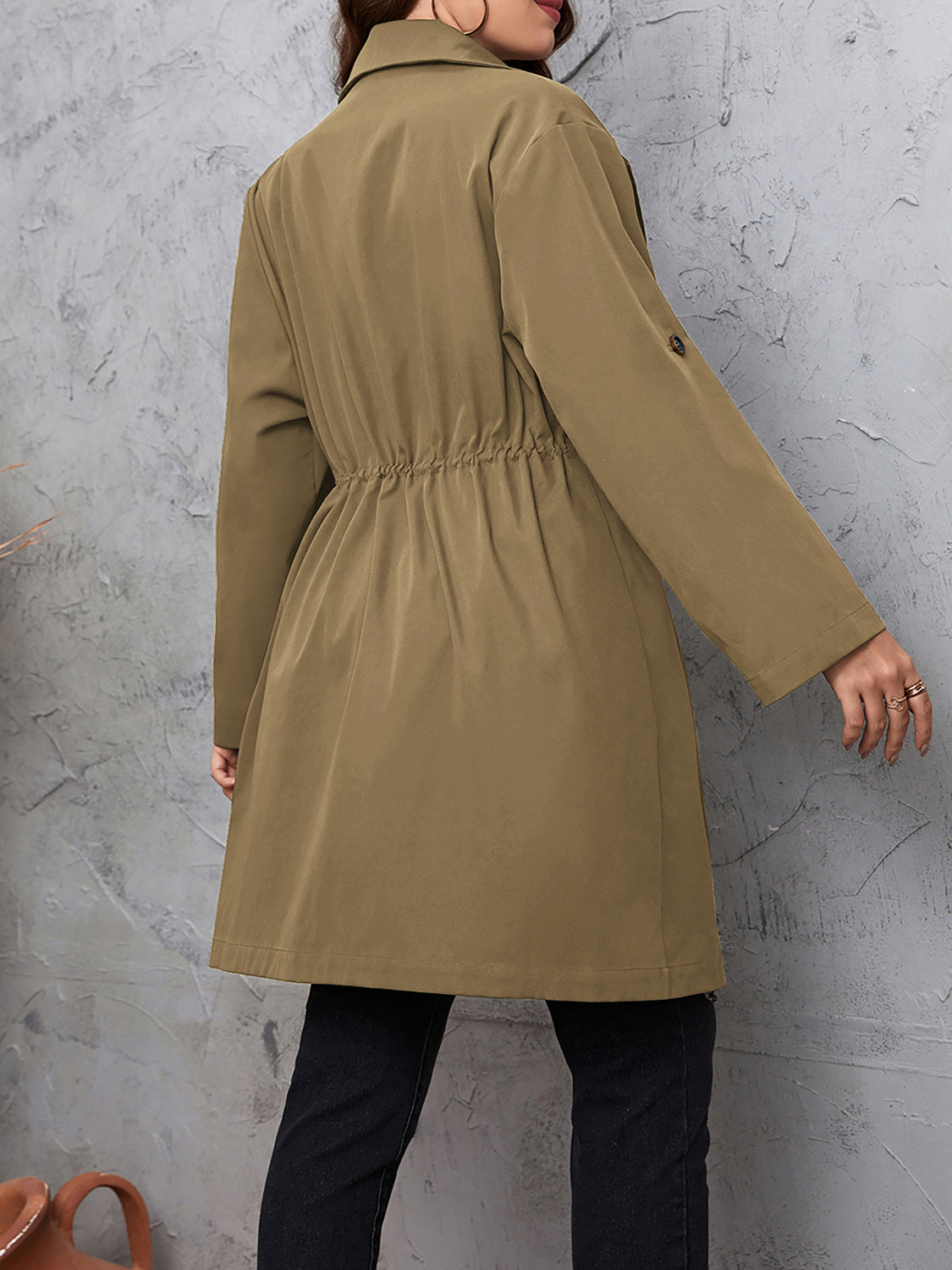 Honey Plus Size Lapel Collar Drawstring Roll-Tab Sleeve Trench Coat - felvior