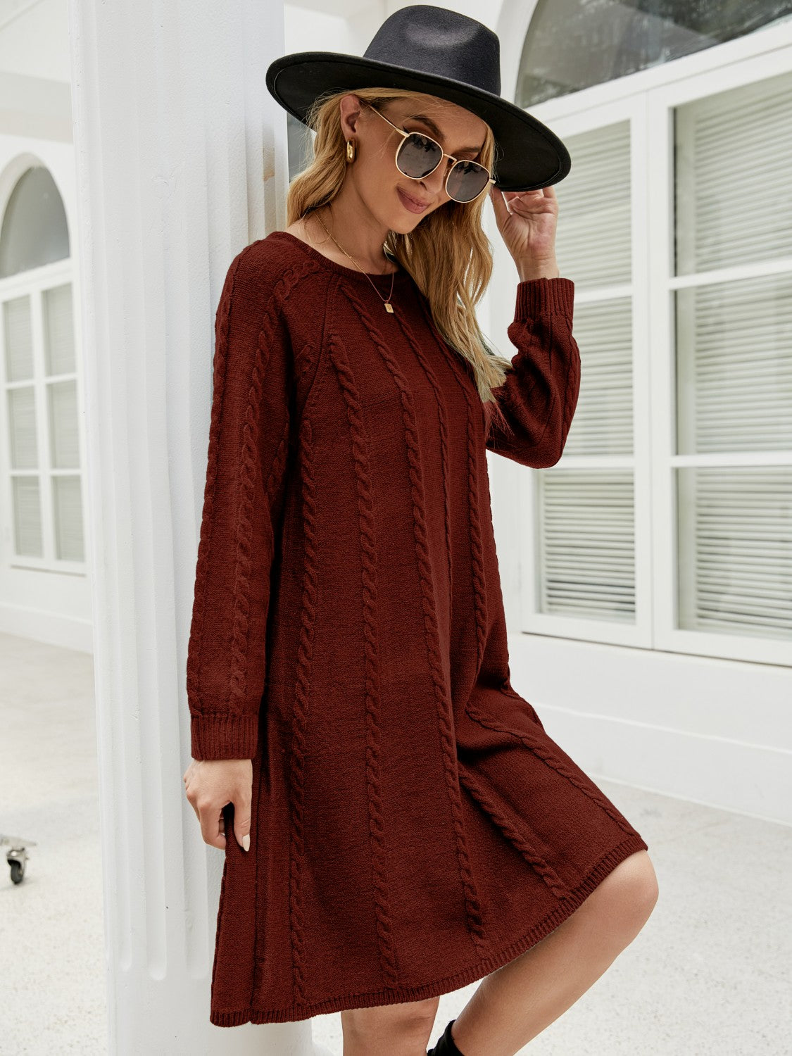 Cable-Knit Long Sleeve Sweater Dress - felvior