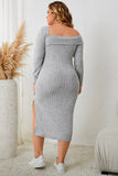Honey Plus Size Square Neck Long Sleeve Slit Dress - felvior