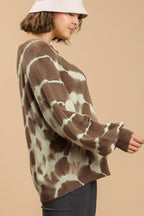 Umgee Full Size Ribbed Hem Tie Dye Round Neck Sweater Plus Size