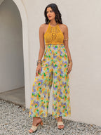 Openwork Halter Neck Floral Wide Leg Jumpsuit