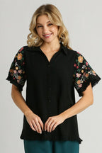 Umgee Full Size Linen Shirt with Embroidered Sleeves Plus Size