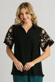 Umgee Full Size Linen Shirt with Embroidered Sleeves Plus Size