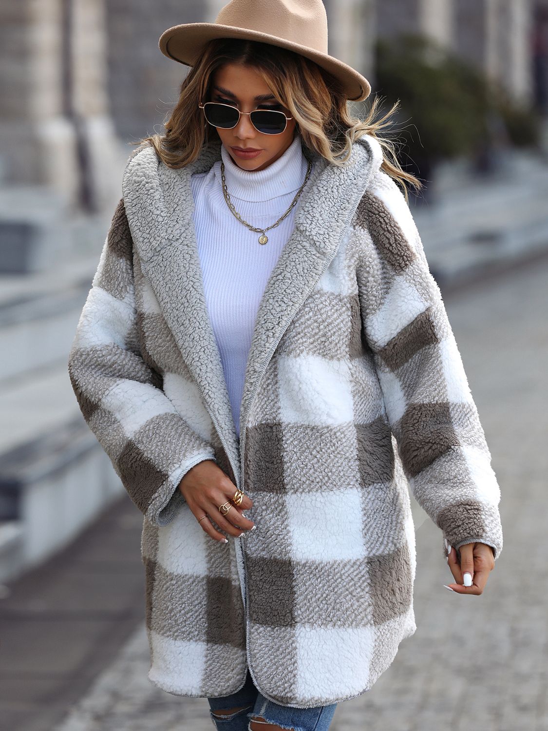 Plaid Open Front Hooded Coat - felvior