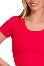 Zenana Ribbed Scoop Neck Crop Short Sleeve Top