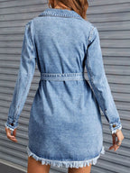 Raw Hem Collared Neck Long Sleeve Denim Dress