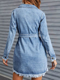 Raw Hem Collared Neck Long Sleeve Denim Dress - felvior