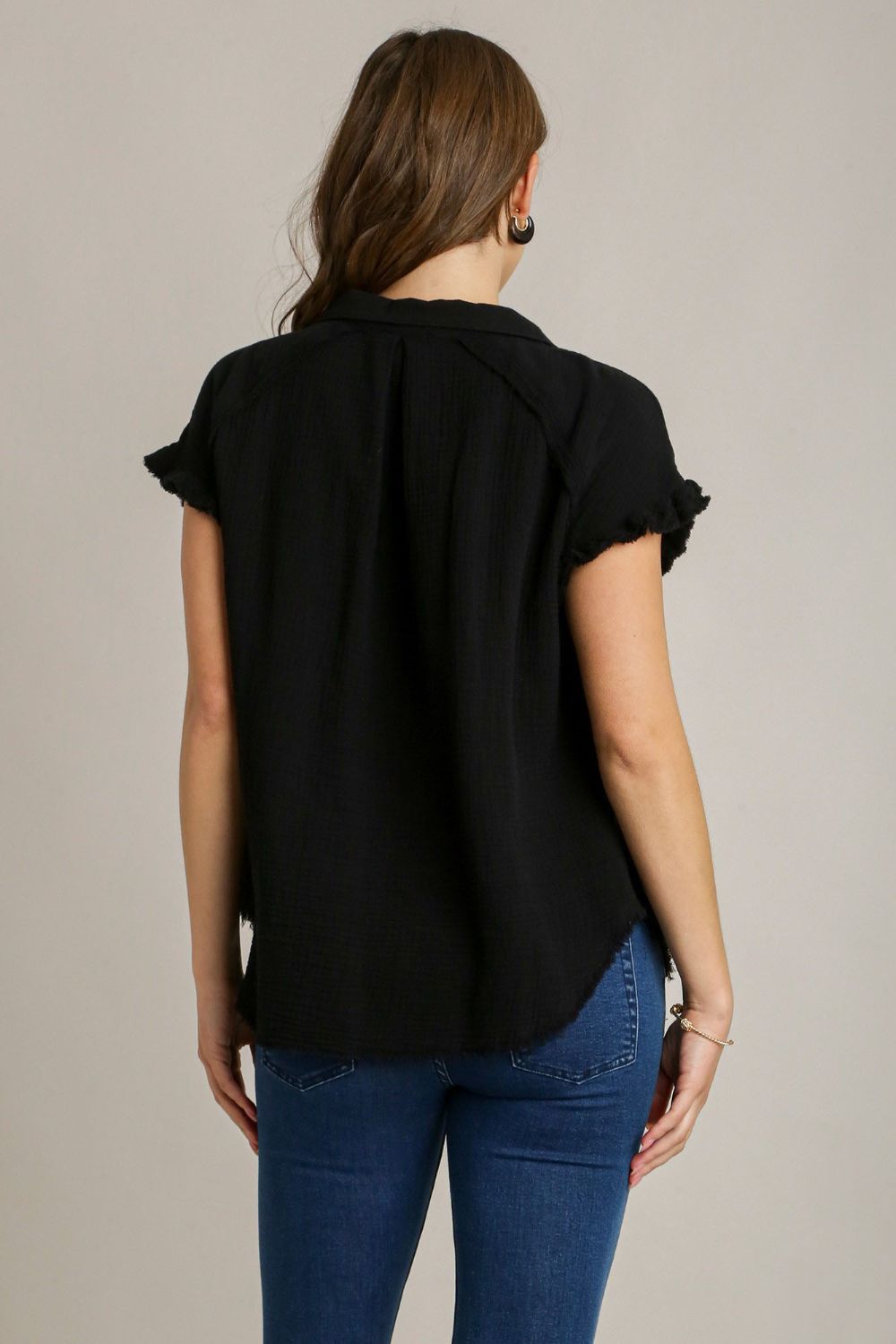 Umgee Full Size Frayed Hem Collared Neck Short Sleeve Shirt Plus Size Secondary image