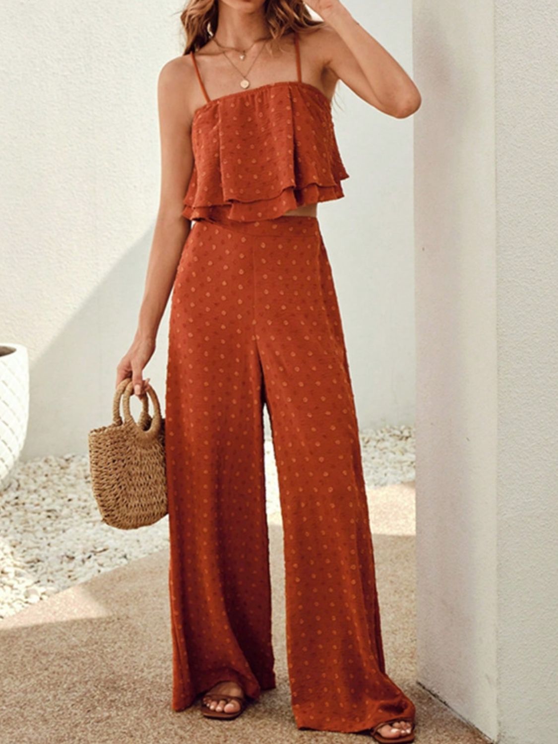 Swiss Dot Layered Cami and Pants Set - felvior