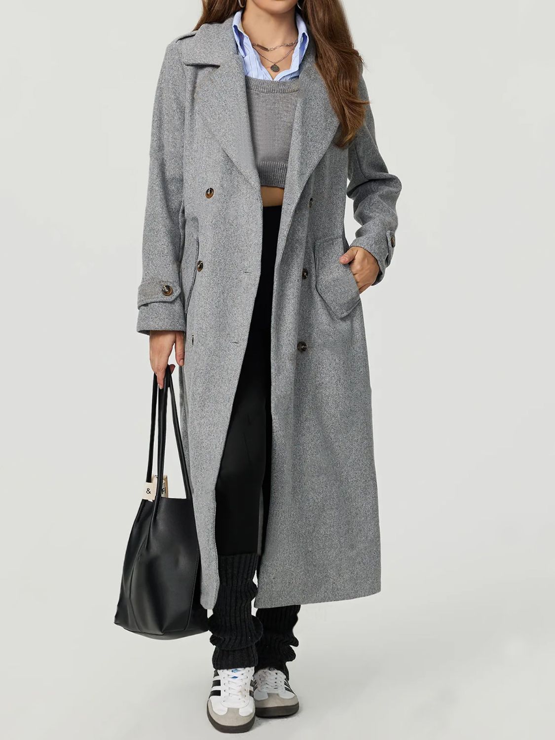 Collared Neck Long Sleeve Longline Coat - felvior