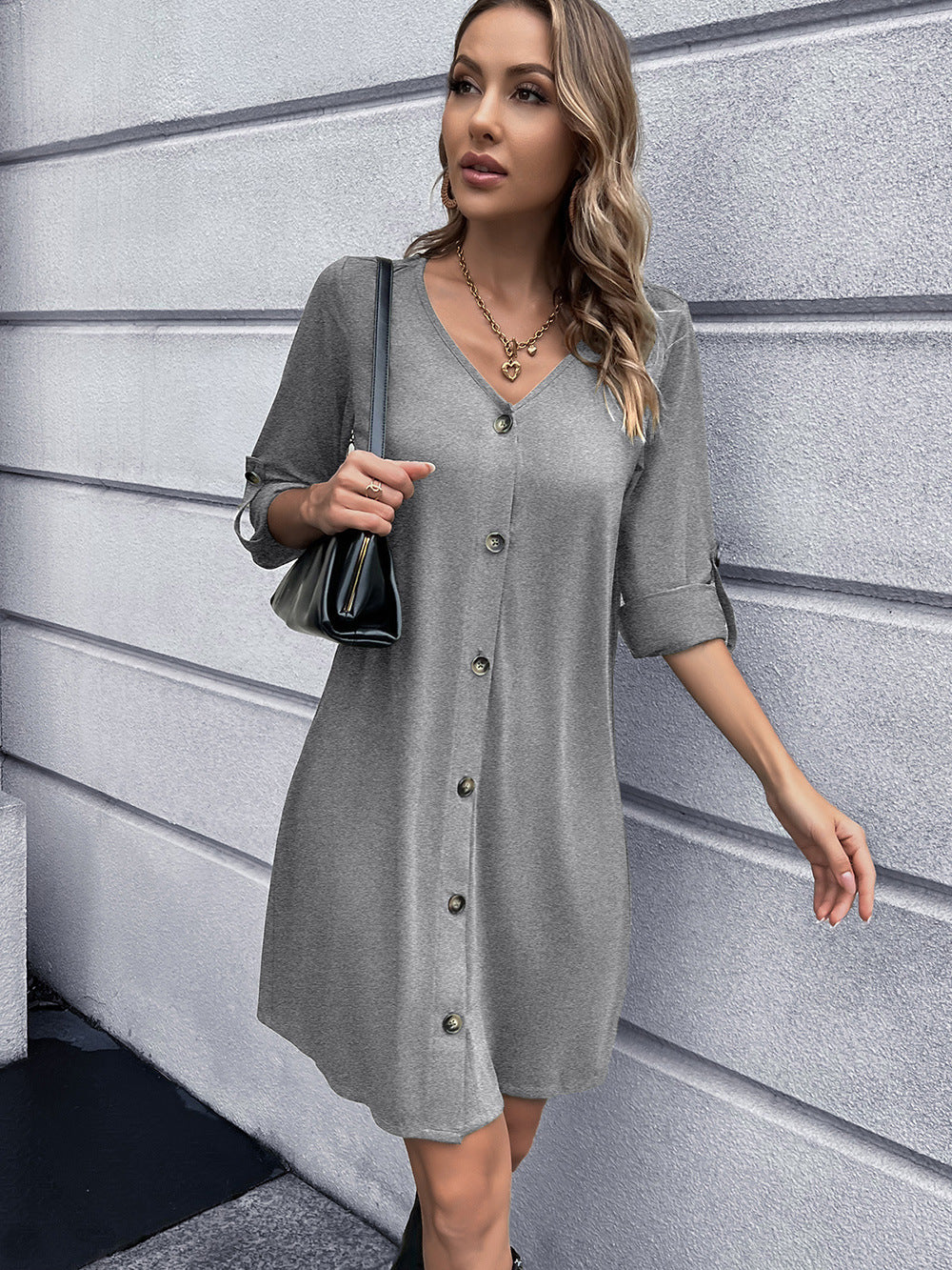 Ivy Lane Button Down V-Neck Mini Dress - felvior