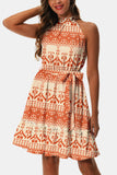 Printed Tie Waist Frill Trim Dress - felvior