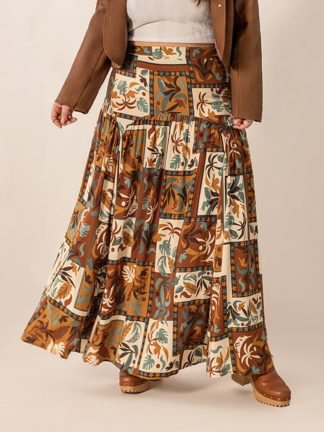 Plus Size Ruched Printed Maxi Skirt - felvior