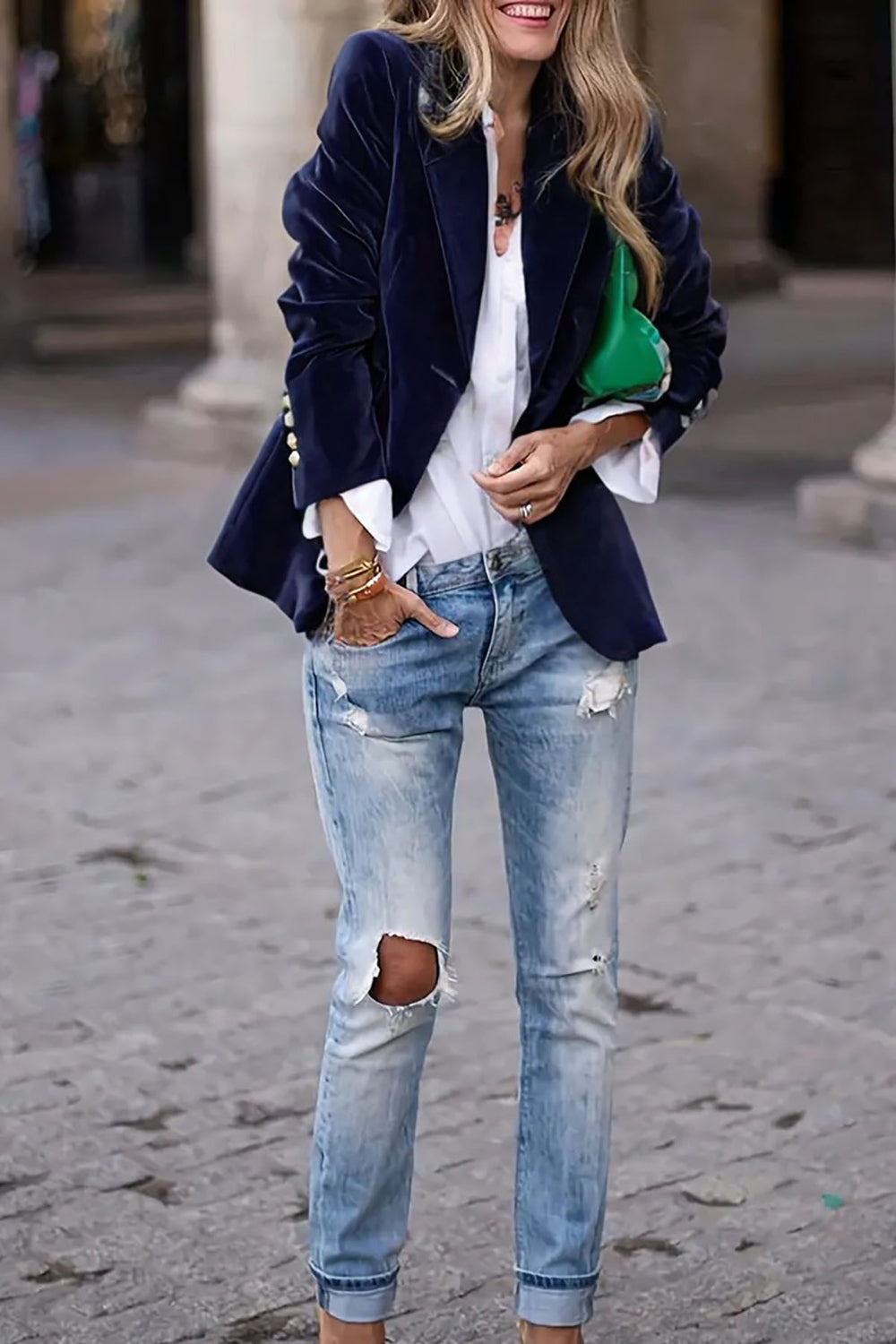 One Button Lapel Collar Long Sleeve Blazer - felvior