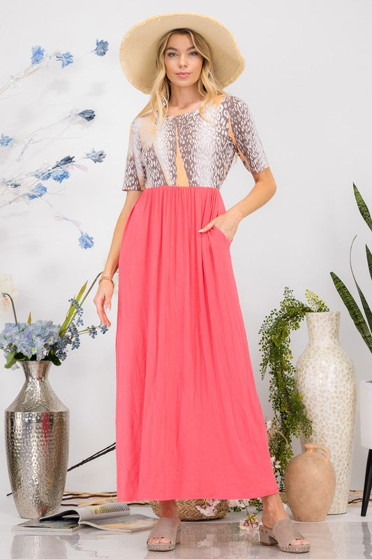 Celeste Full Size Leopard Round Neck Short Sleeve Maxi Dress Plus Size - felvior