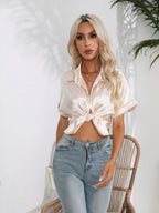 Button Down Collared Neck Short Sleeve Satin Shirt