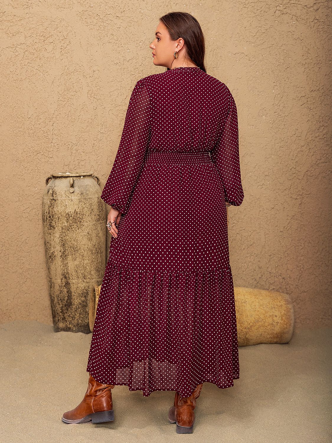 Plus Size Embroidered Polka Dot Tie Neck Long Sleeve Midi Dress Zweitbild