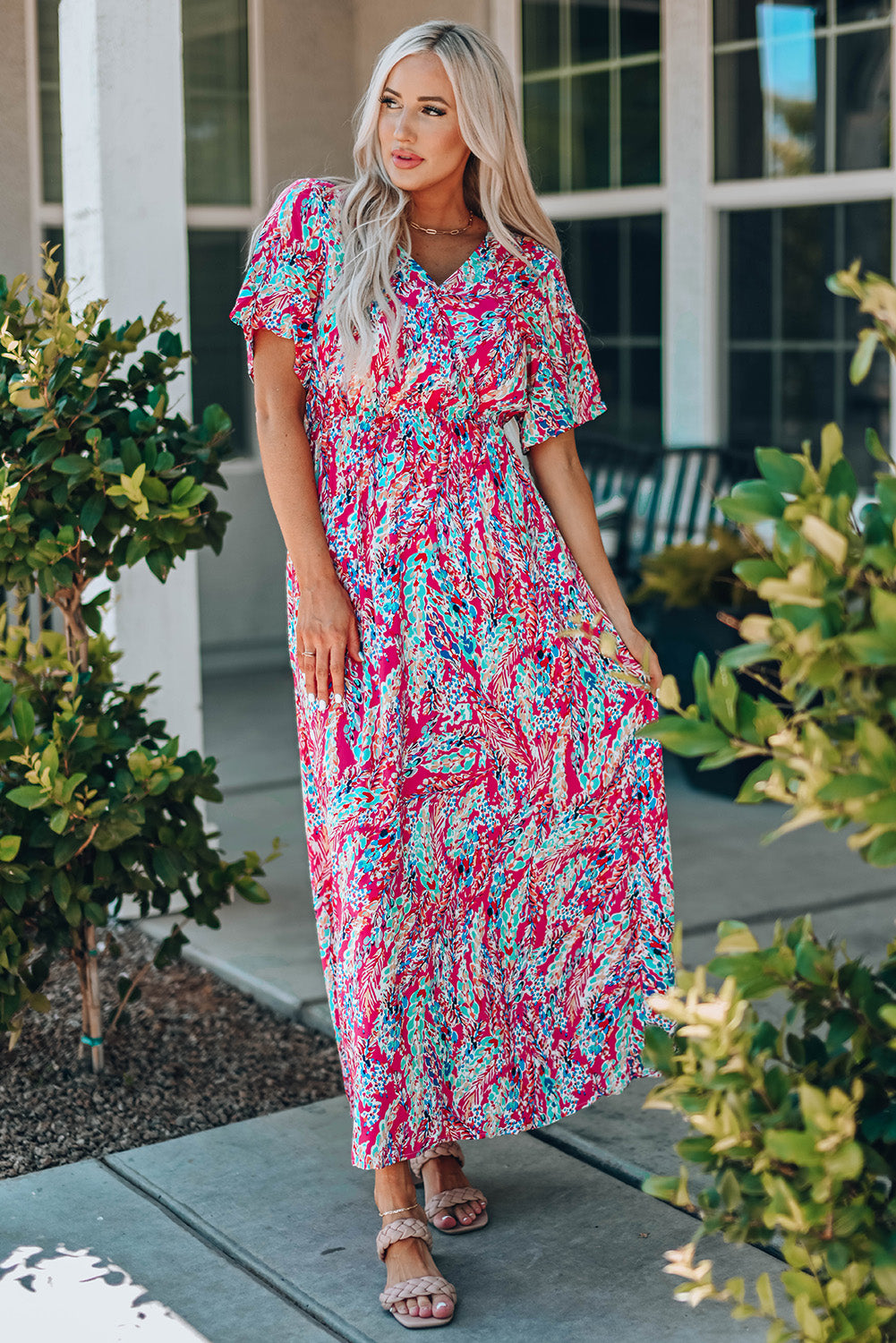 Multicolored V-Neck Maxi Dress - felvior