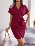 Button Down Ruched Tie Belt Dress - felvior