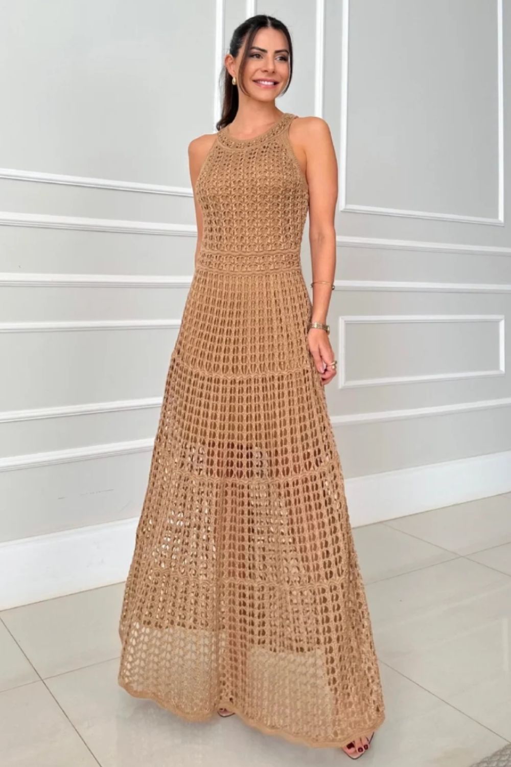 Hollowed-Out Sleeveless Maxi Dress - felvior