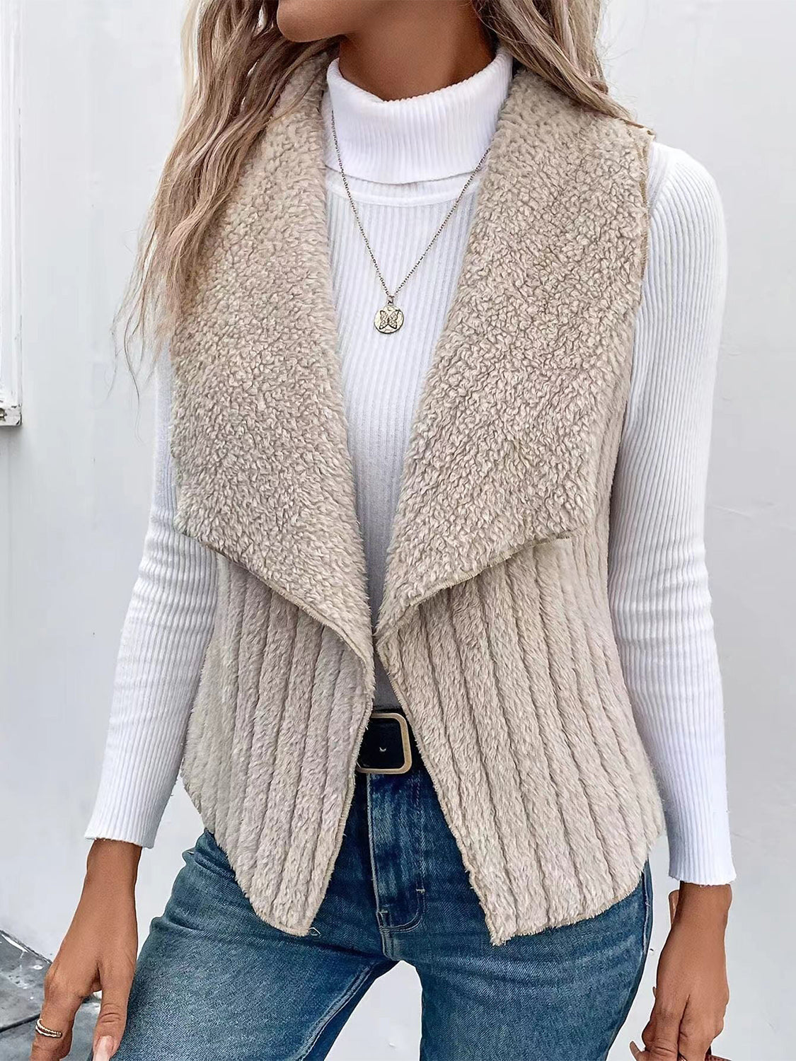 Open Front Fuzzy Vest Coat - felvior