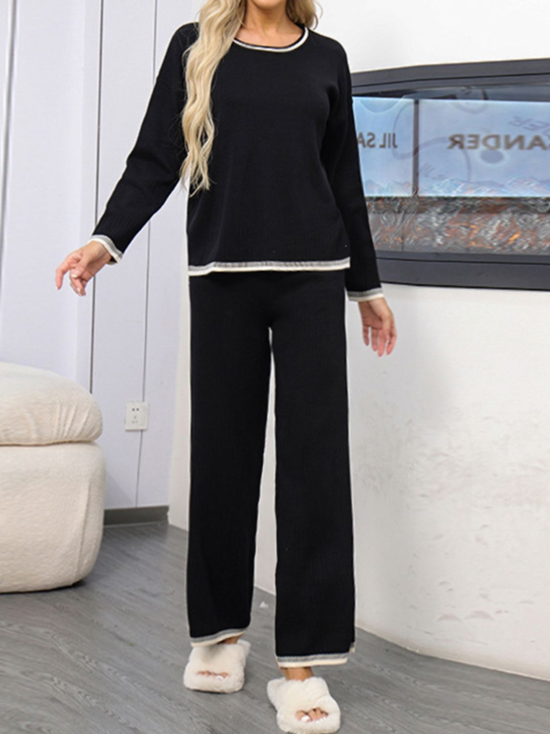 Contrast Trim Round Neck Top and Pants Sweater Set - felvior