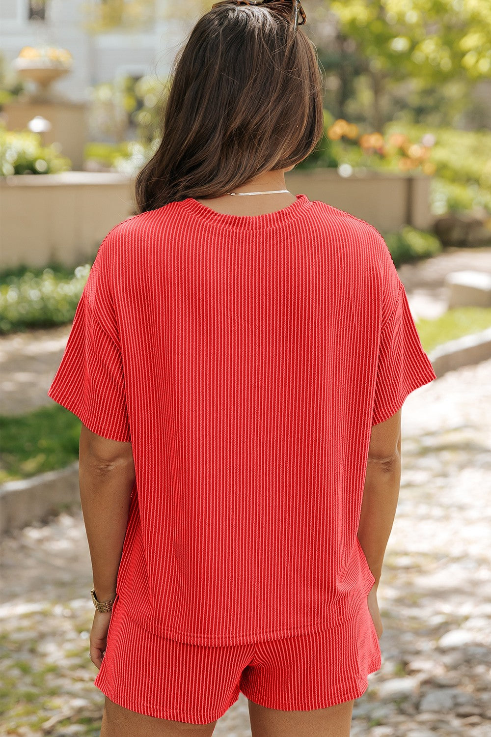 Round Neck Dropped Shoulder Top and Shorts Set - felvior